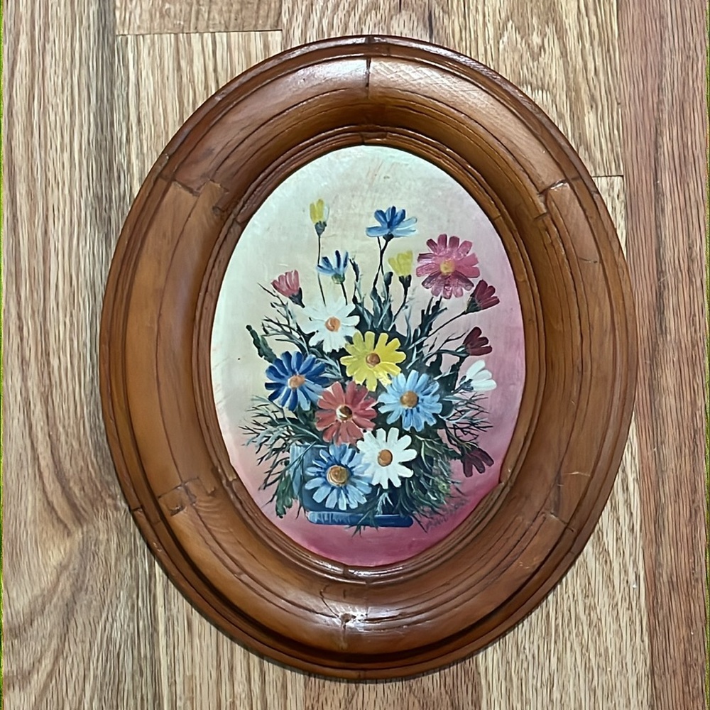 Vintage Oval Wooden Framed Floral Still Life Artist Signed - Picture 7 of 11